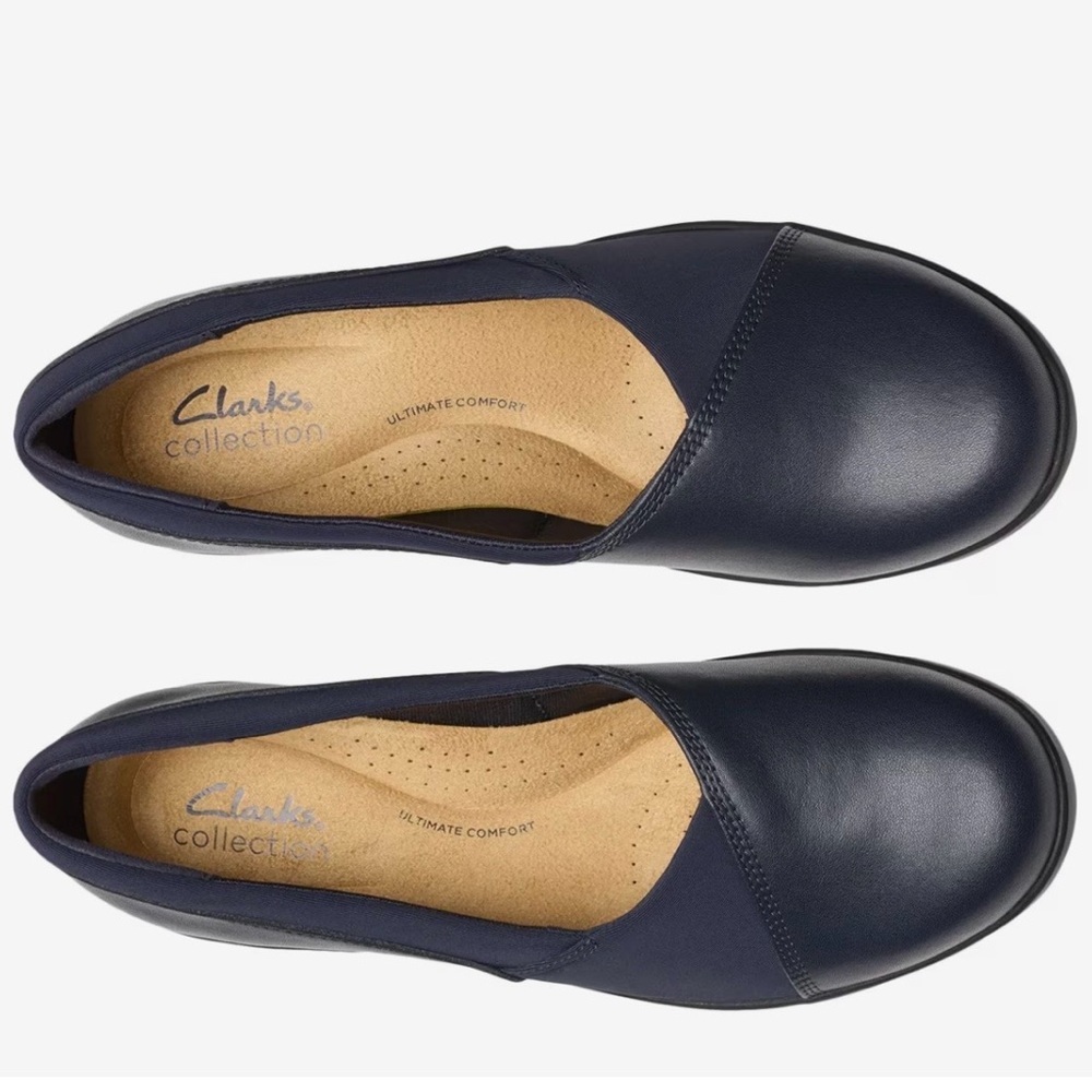 Clarks Suttyn Walk Womens Wedge‎ Shoes Slip-On Navy Leather Comfort sz 5.5 NEW